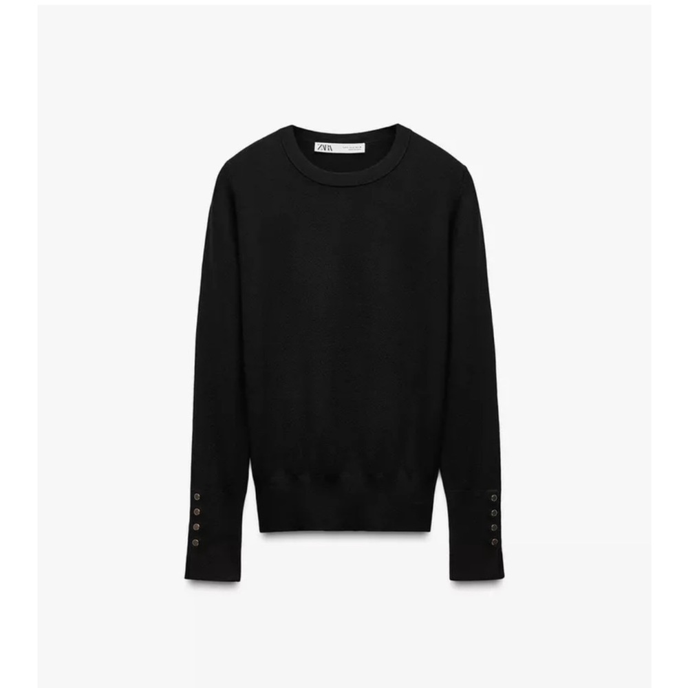 Zara Black Crewneck Sweater with Button Cuffs